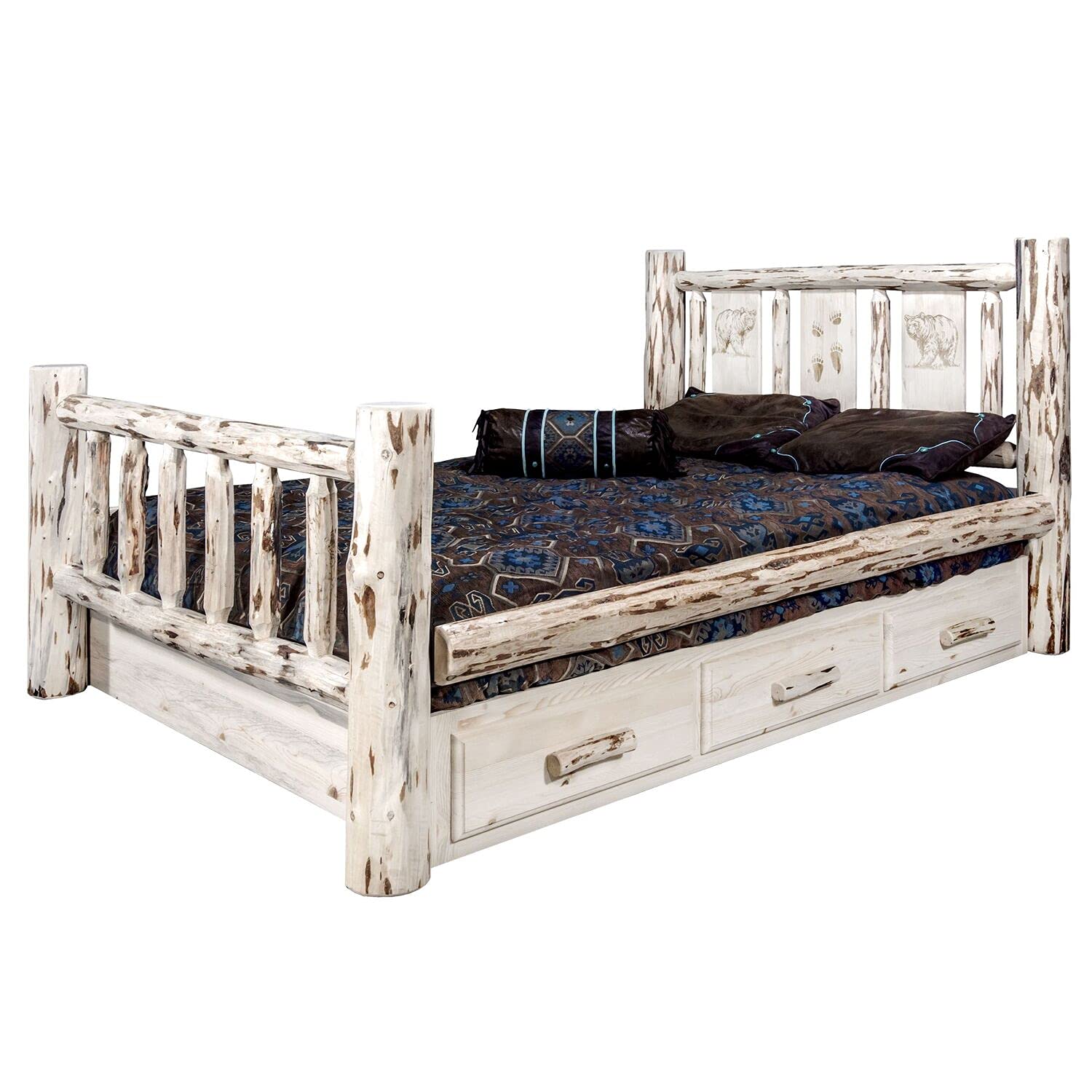 Montana Woodworks Bronc Design Storage Engraved Bed in Clear Lacquer Finish (King: 94 in. L x 80 in. W x 47 in. H (385 lbs.))