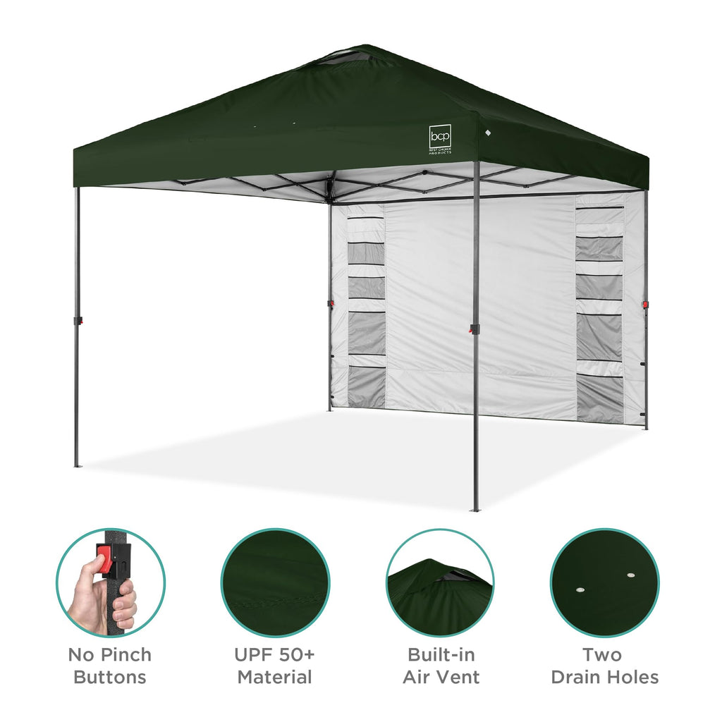 Best Choice Products 10X10Ft Easy Pop Up Canopy W/Side Wall, 10 Pockets, Portable Carrying Case, 1-Button Setup, 4 Weight Bags - Dark Green