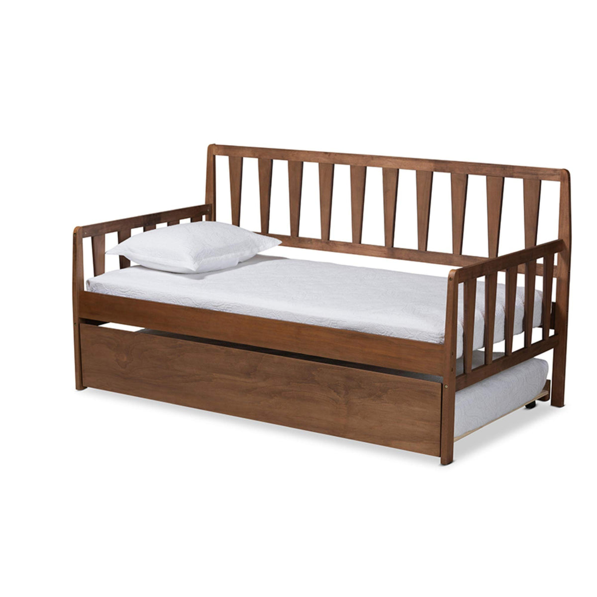 Baxton Studio Midori Modern and Contemporary Transitional Walnut Brown Finished Wood Twin Size Daybed with Roll-Out Trundle Bed