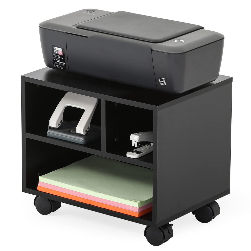 Fitueyes Mobile Printer Stand With Storage, Under Desk Black Wood Small Rolling Printer Table Work Cart With Wheels And 3 Compar