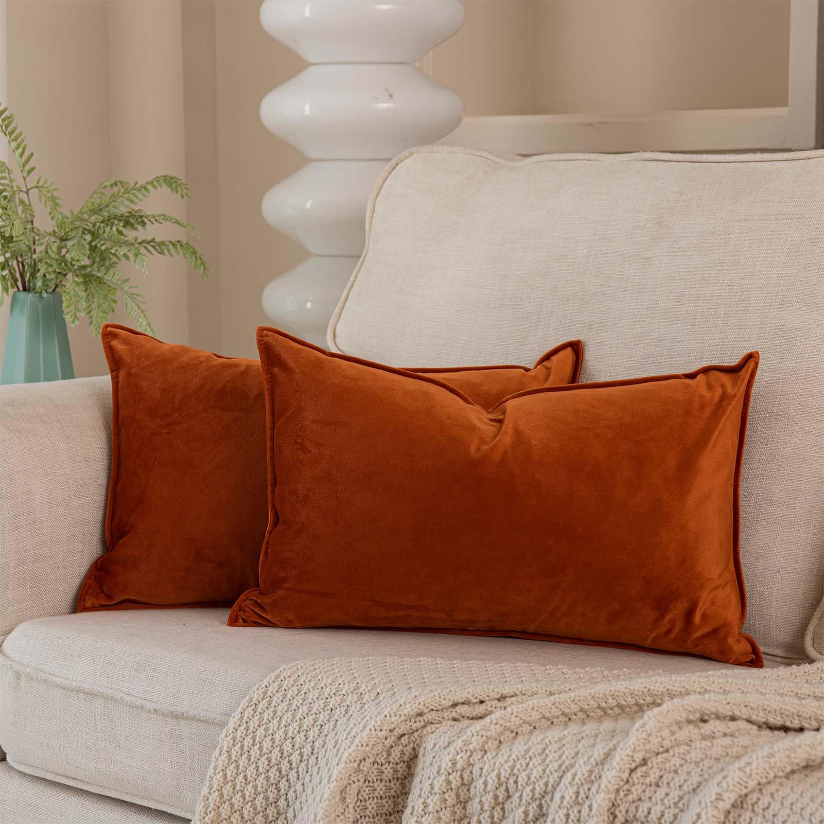 Juspurbet Burnt Orange Decorative Velvet Throw Pillow Covers 16X24 Inch Set Of 2,Broadside Soft Cushion Case With Invisible Zipp
