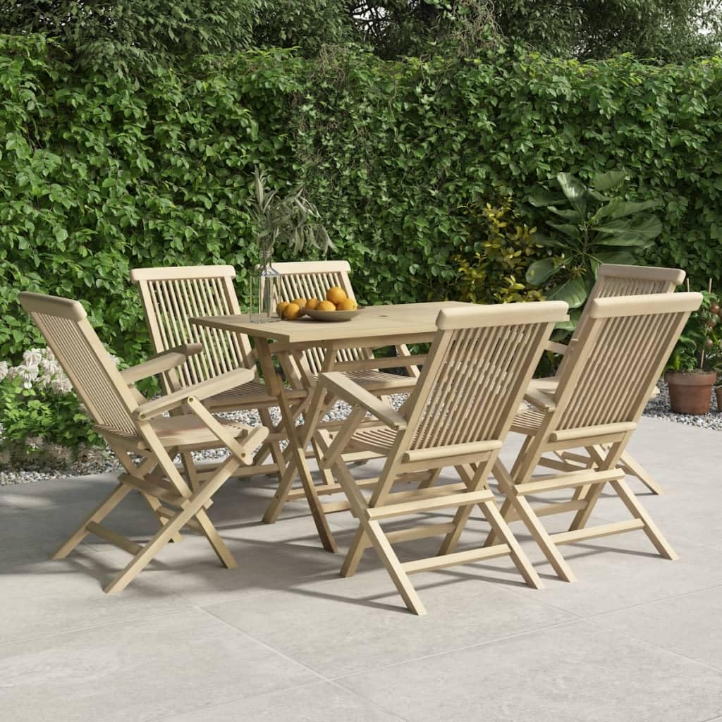 vidaXL 7-Piece Solid Teak Wood Outdoor Dining Set - Foldable Garden Table & Chairs, Gray Finish, Timeless Slatted Design, Parasol Hole, Scandinavian Style