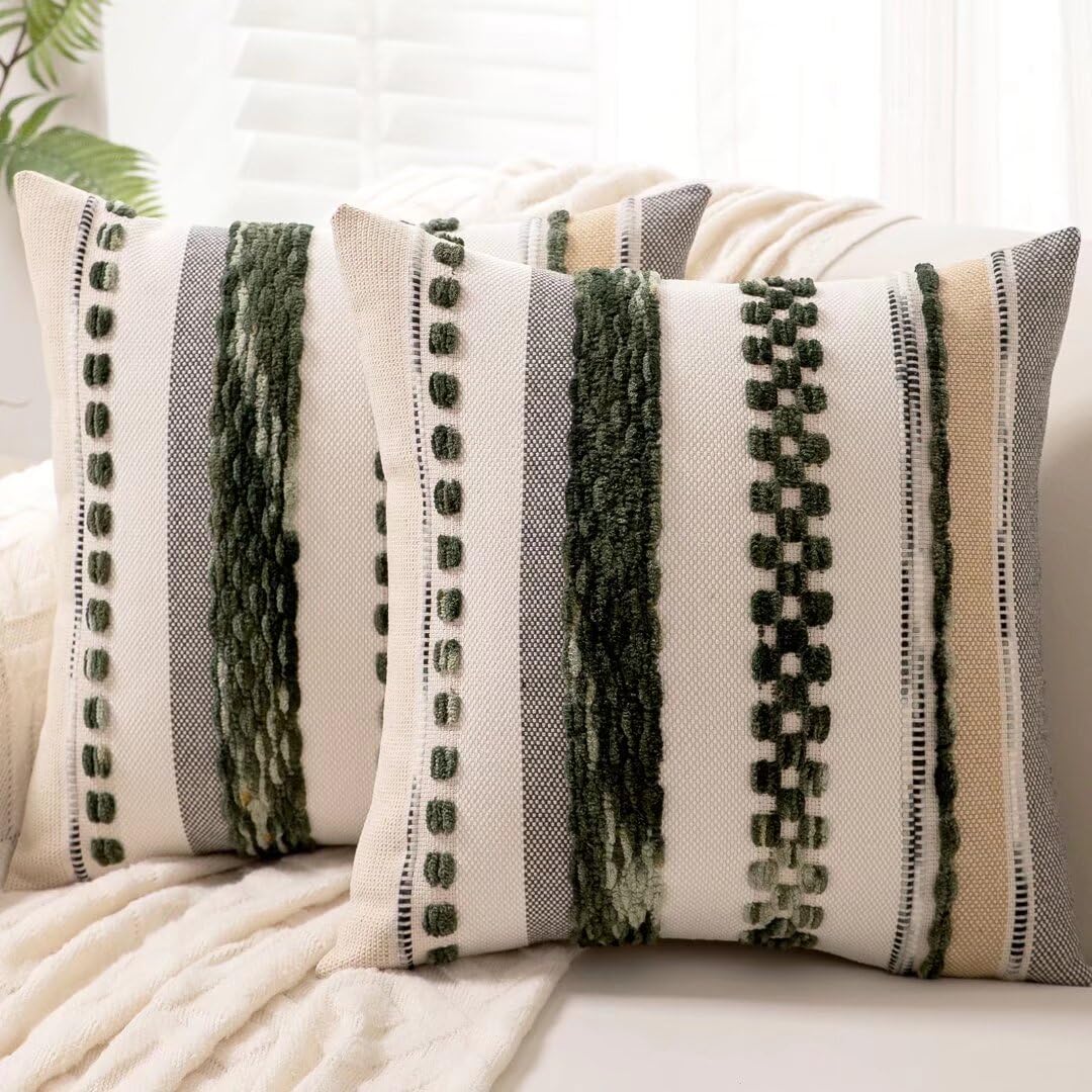 Wanlird Boho Throw Pillow Covers 18X18 Set Of 2 Christmas Decorative Cushion Case Striped Square Pillows Cover Chenille Pillow C