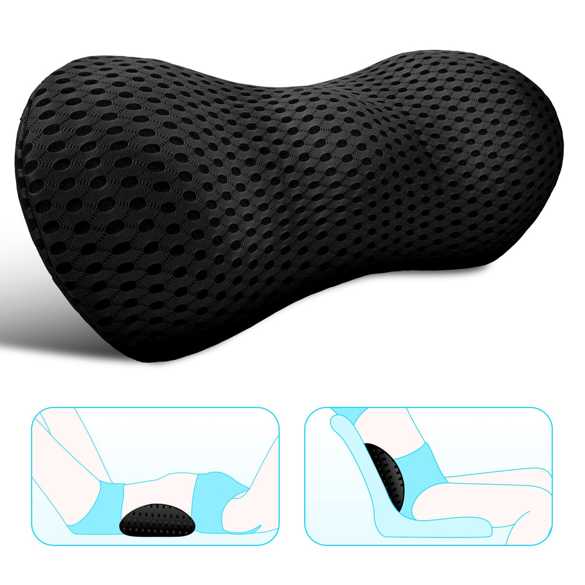 Lumbar Support Pillow - Memory Foam For Low Back Pain Relief, Ergonomic Streamline Car Seat, Office Chair, Recliner And Bed (Bla