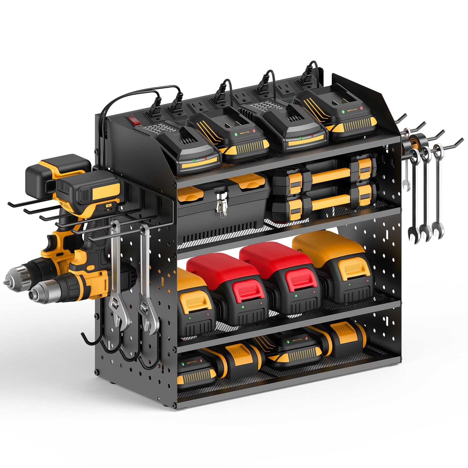 CCCEI Modular Desk Power Tools Organizer with Charging Station, 4 Layer Drills Battery Storage Wall Mount, Garage Shop Organizat