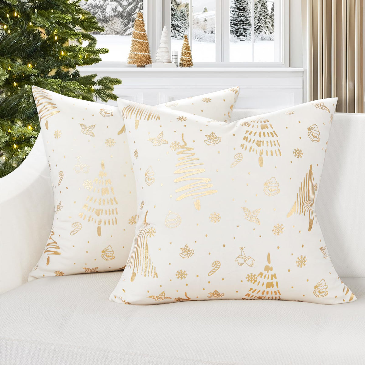 Topfinel Christmas Pillowcases 18X18 Inches Set Of 2, Xmas Tree Gold Brozing Lumbar Pillow Cover Christmas Cream Velvet Cushion