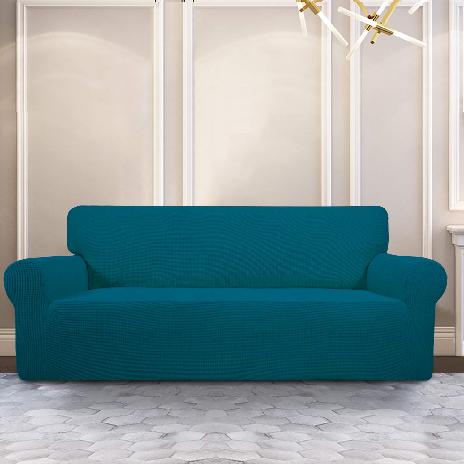 Purefit Stretch Oversized Sofa Slipcover – Spandex Jacquard Non Slip Soft Couch Sofa Cover, Washable Furniture Protector With Non Skid Foam And Elastic Bottom For Kids (Oversized Sofa, Peacock Blue)