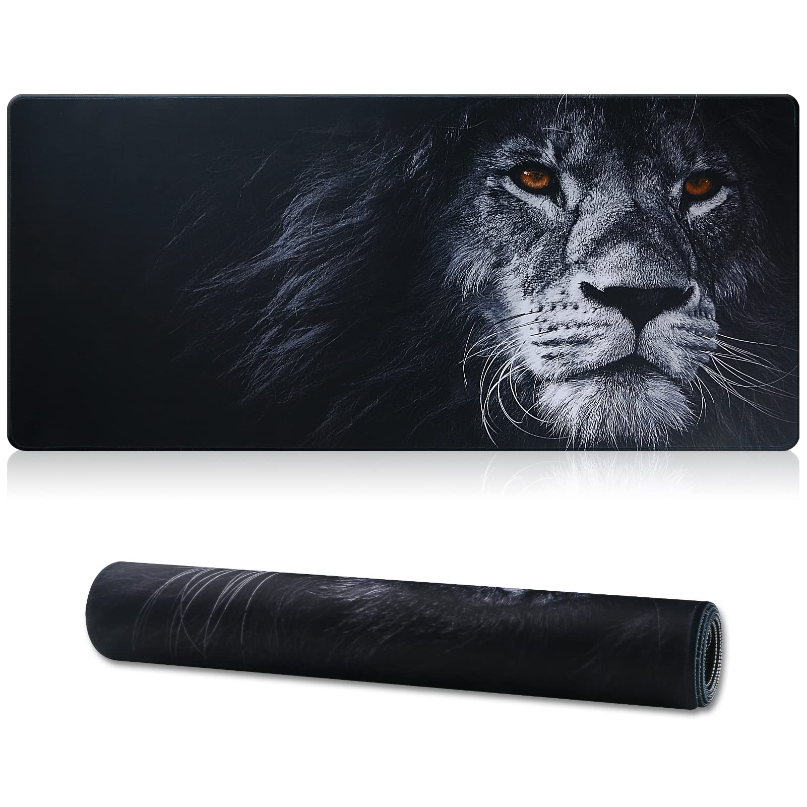 Jahosin Large Gaming Mouse Pad With Stitched Edges,[27.5X11.8In] Extended Black Lion Mouse Pad With Non-Slip Natural Rubber Base