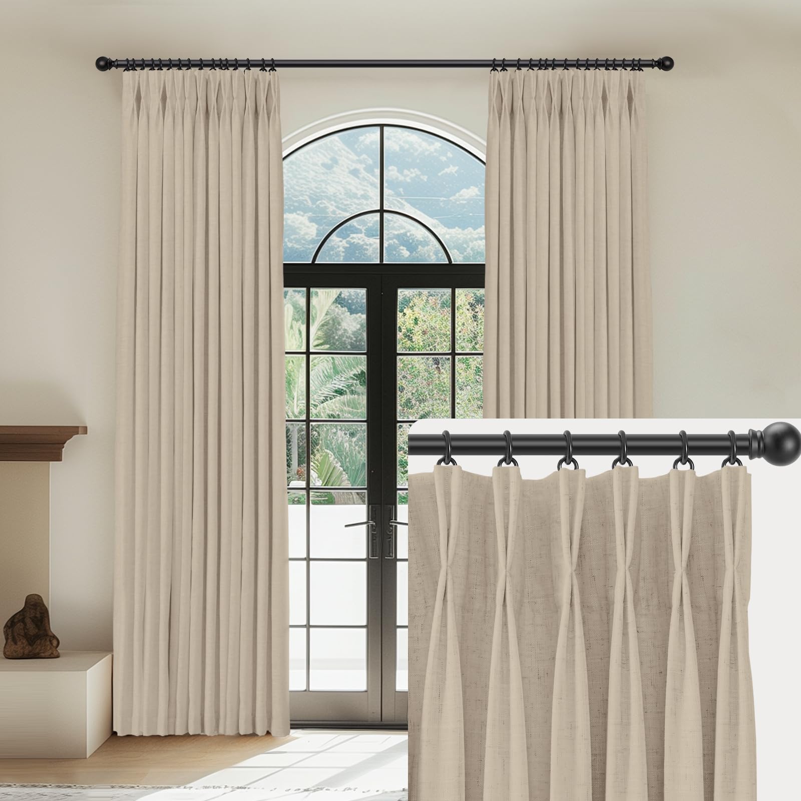Capaloca Grey Beige Linen Pinch Pleated Curtains Blackout 100% Black Out Curtains 120 Inches Long 2 Panels Pinch Pleat Curtains