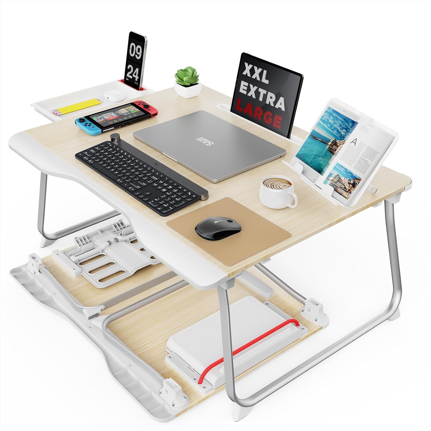 Saiji Folding Bed Desk For Laptop, Eating Breakfast, Writing, Gaming, Extra Large 25.6' X 19.3' Portable Floor Stand Laptop De