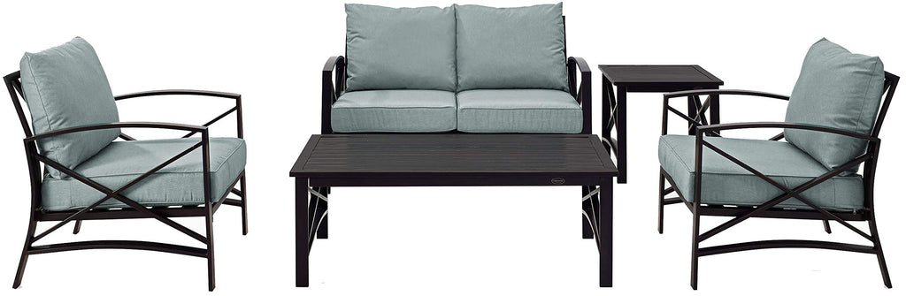 Crosley Furniture Ko60015Bz-Mi Kaplan Outdoor Metal 5-Piece Seating Set (Loveseat, 2 Arm Chair, Side And Coffee Table), Oiled Bronze With Mist Cushions