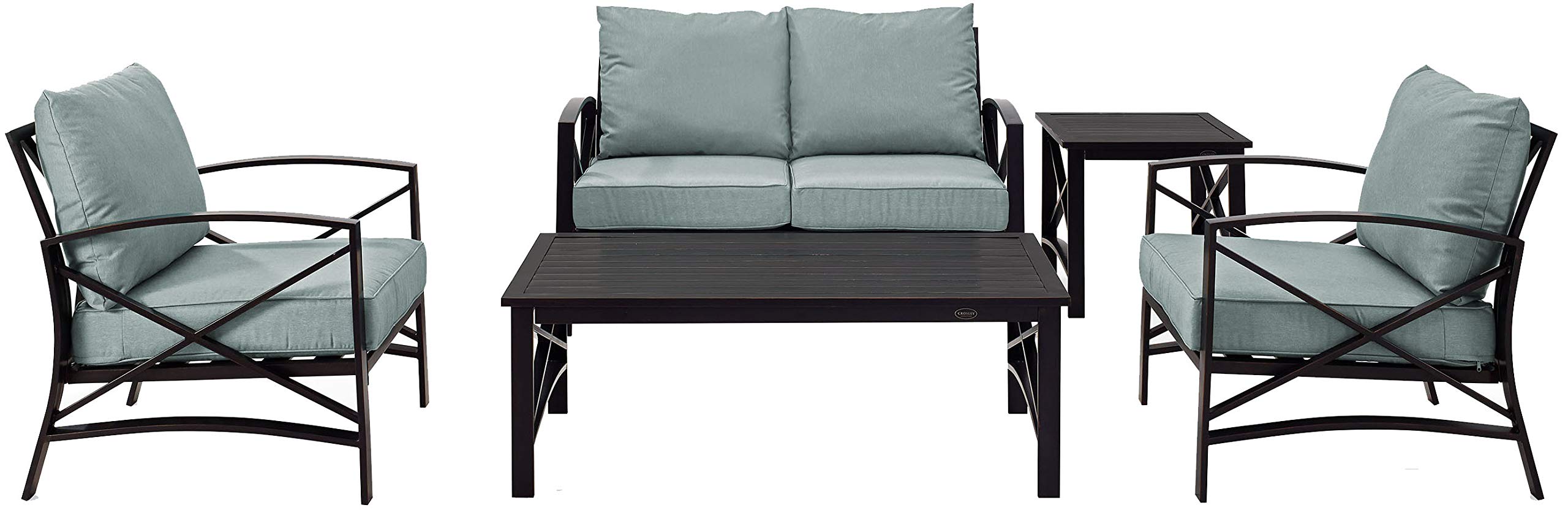 Crosley Furniture Ko60015Bz-Mi Kaplan Outdoor Metal 5-Piece Seating Set (Loveseat, 2 Arm Chair, Side And Coffee Table), Oiled Bronze With Mist Cushions