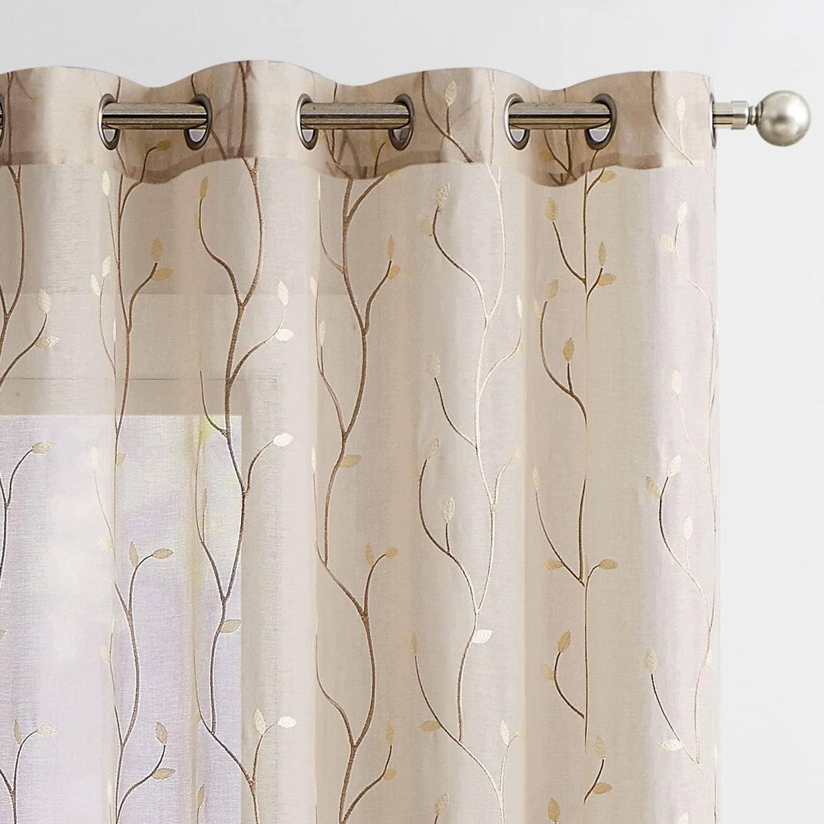 Jinchan Beige Sheer Curtains For Bedroom 63 Inch Length Floral Embroidered Sheers For Living Room Embroidery Voile Grommet Windo