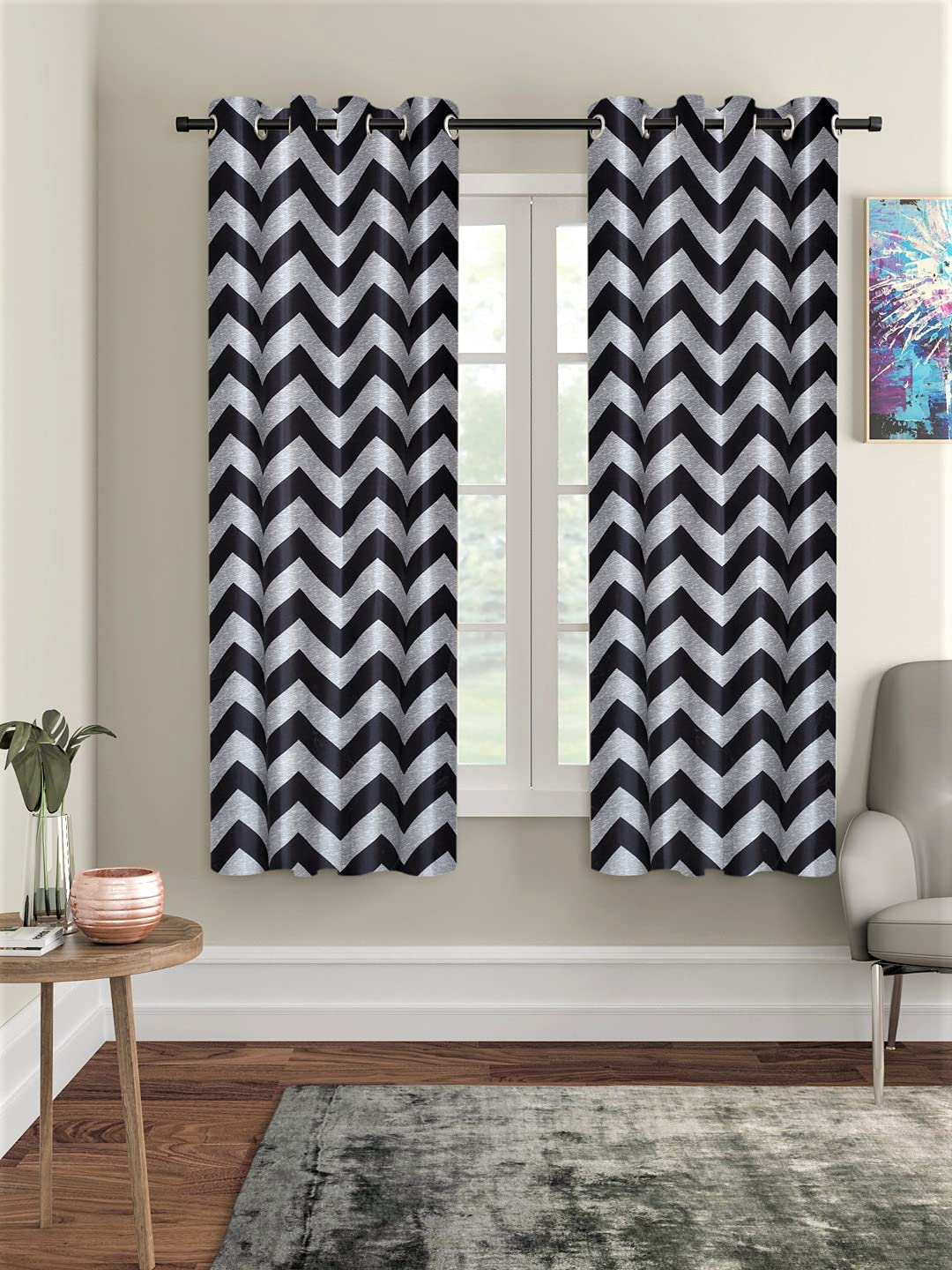 Home Sizzler 2 Piece Eyelet Polyester Window Curtain Set  5ft, Black
