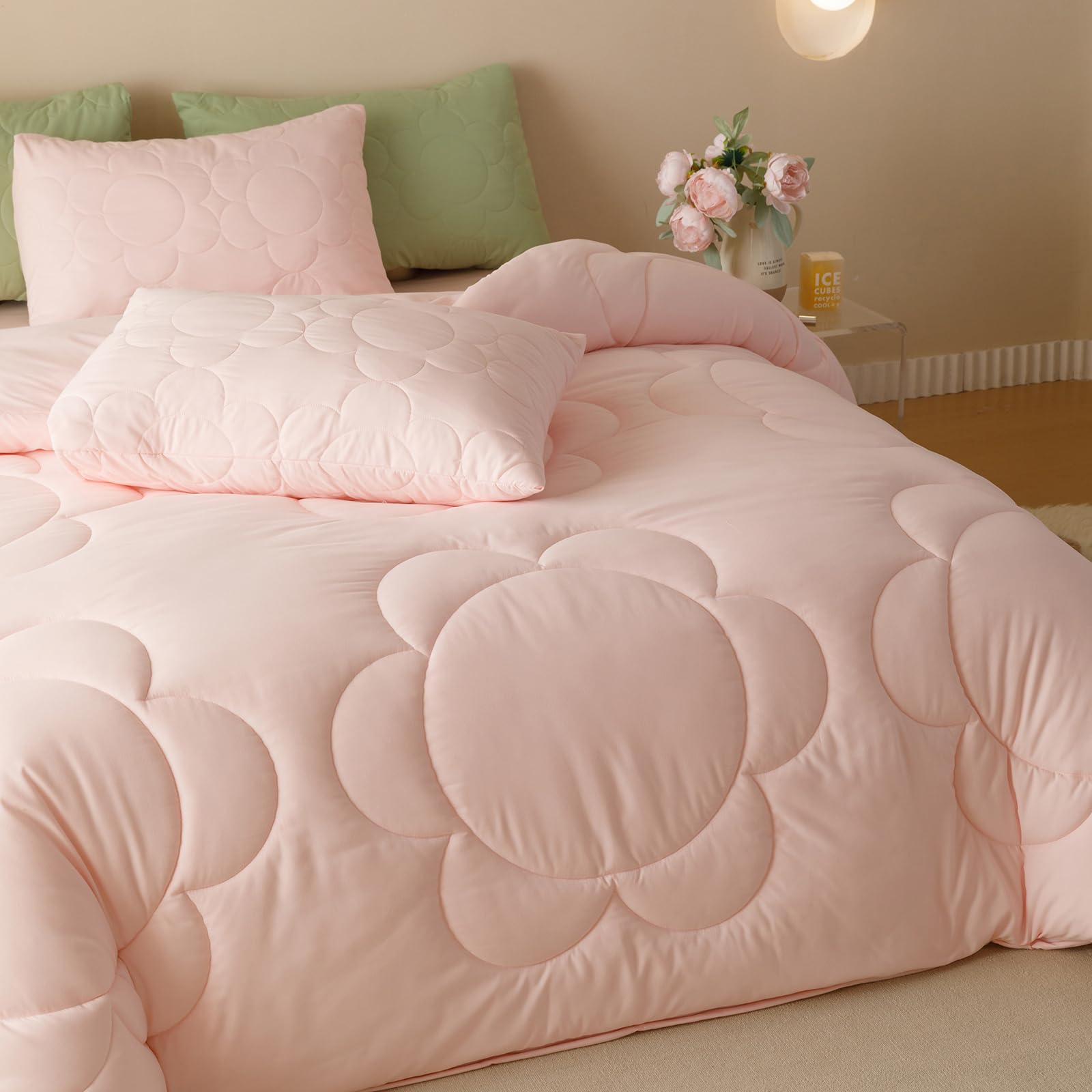 Clothknow Pink Comforter Full Size Set 3Pcs Blush Daisy Puff Bedding Comforter Sets Boho Comforter Full Soft Pink Comforter And 2 X Pillowcases