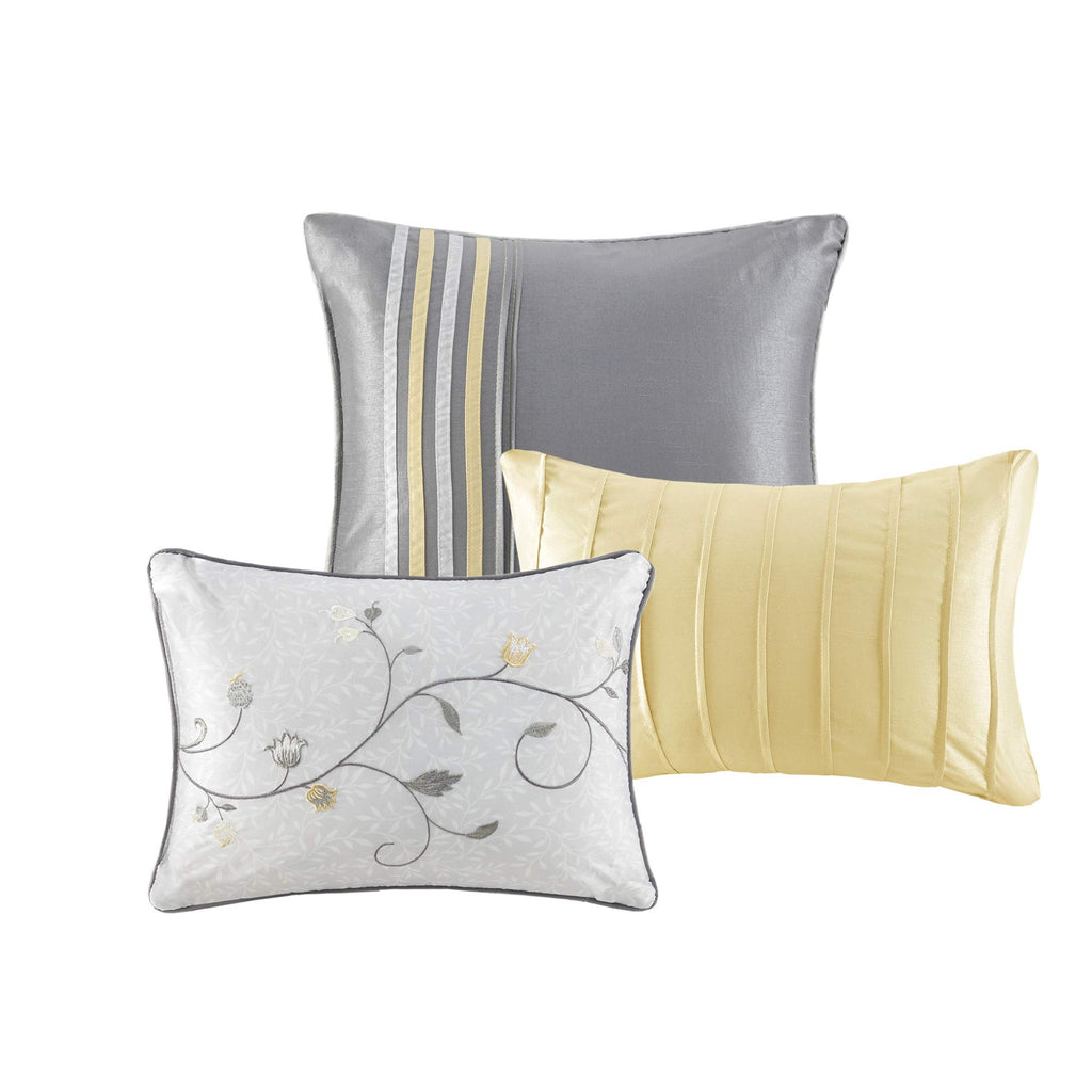 Madison Park Serene Faux Silk Comforter Set - Floral Embroidery Design, All Season Bedding Set, Matching Bed Skirt, Decorative Pillows, Yellow Cal King(104'X92') 7 Piece
