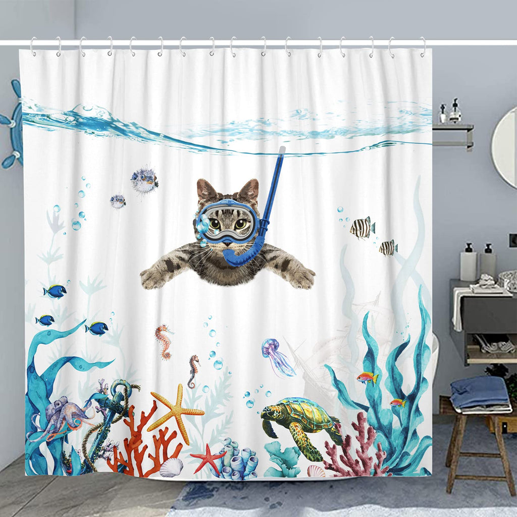 Fowocu Funny Cat 84 Inch Shower Curtain Set Teal Blue Sea Ocean Waterproof Fabric Shower Curtains With Animal Octopus Starfish T