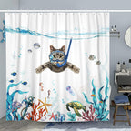 Fowocu Funny Cat 84 Inch Shower Curtain Set Teal Blue Sea Ocean Waterproof Fabric Shower Curtains With Animal Octopus Starfish T