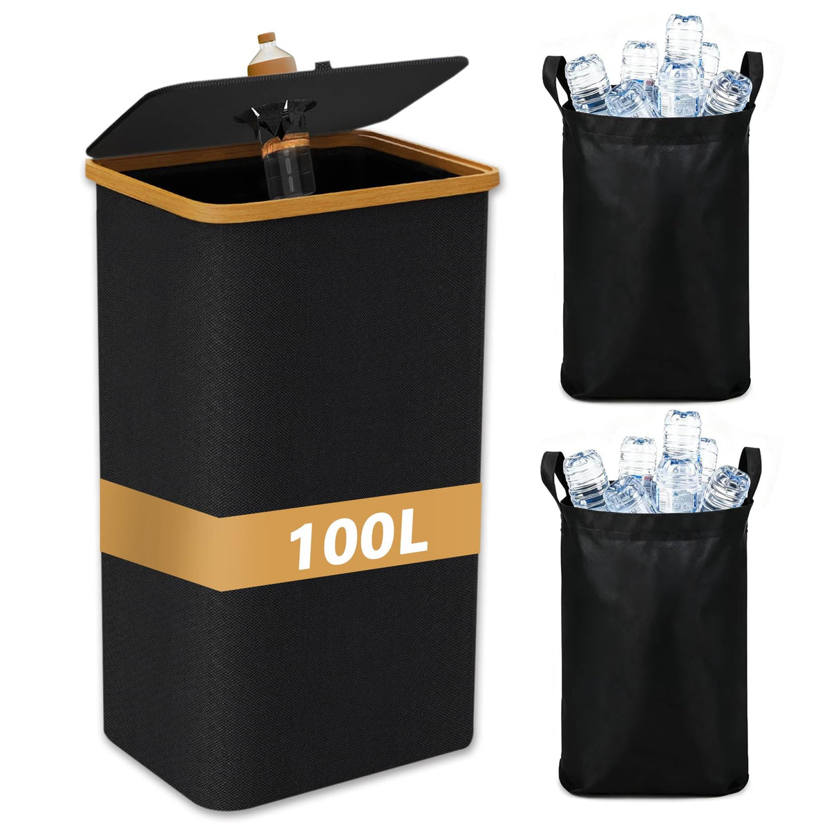 Hordolry Recycling Bin for Kitchen 26 Gallon, 100L Large Recycle Bins with Bamboo Lid, 2 Removeable Reusable Inner Bags, Foldabl