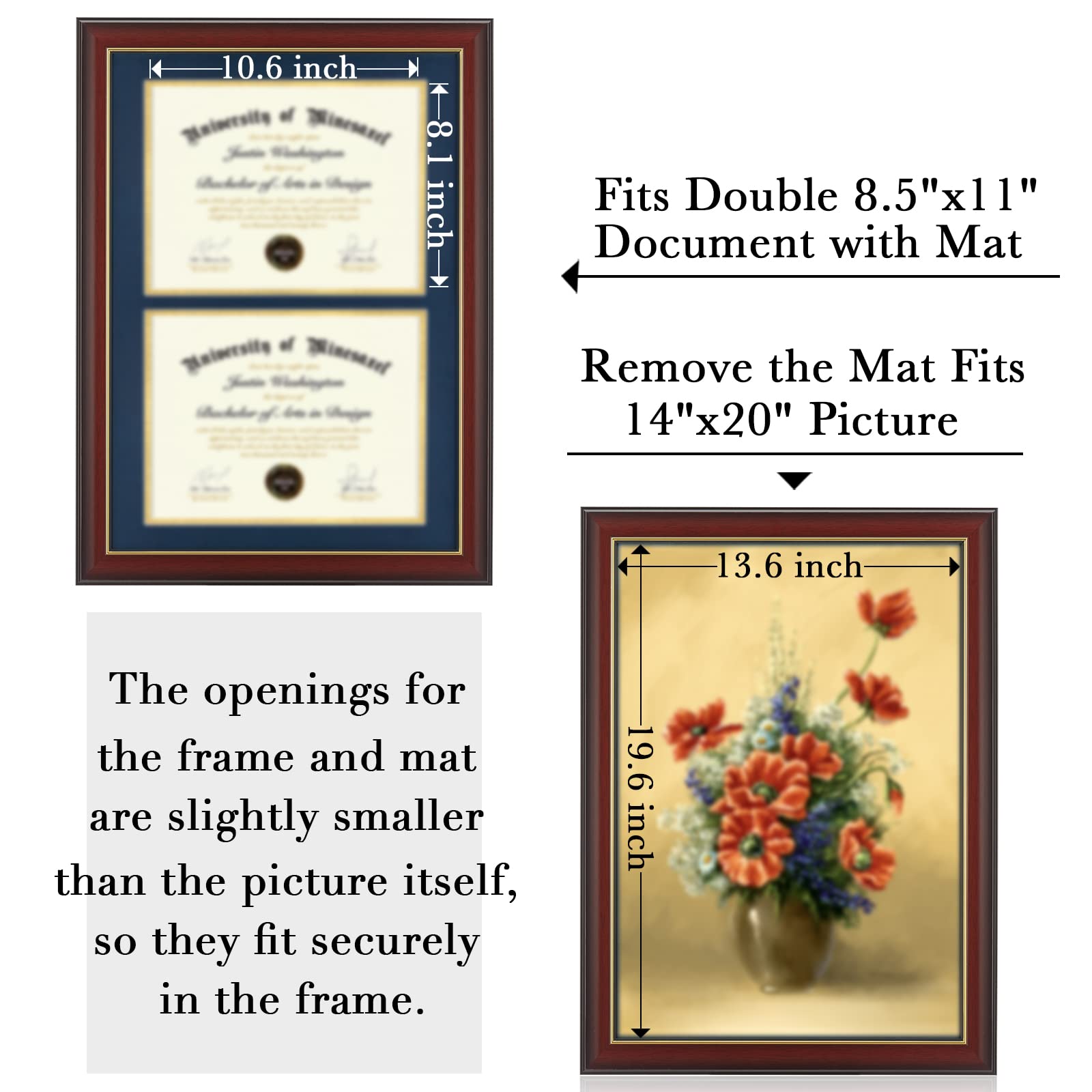 Minesaxel Double Diploma Frames 14X20 Fits Two 8.5X11 Inch Certificates, Documents And College Degree, Cherry Red Frame With Gol