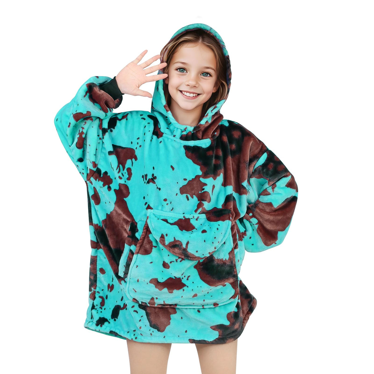 Kivee Wearable Blanket Hoodie Kids Blue Cow Print Sweatshirt Blanket With Giant Pocket Warm Cozy Cow Hooded Blanket 6-10 Year Ol