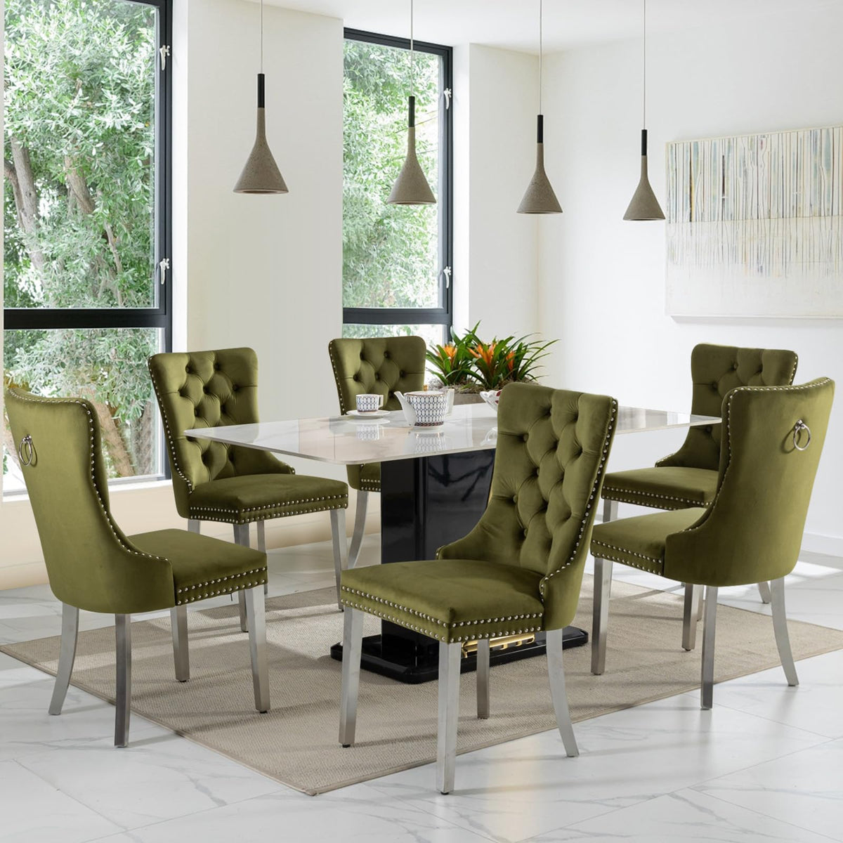 Soarflash Velvet Dining Chairs Set Of 6, Tall Back Side Chair, Modern Upholstered Side Chair With Button Back Ring, Silver Plate