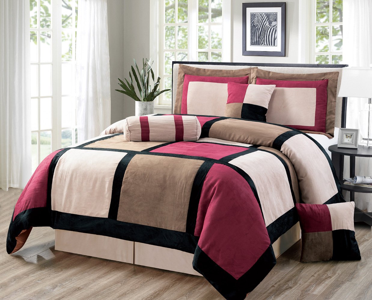 Grand Linen Oversize Burgundy/Brown/Black Comforter Set Micro Suede Patchwork Bed In A Bag (California) Cal King Size Bedding