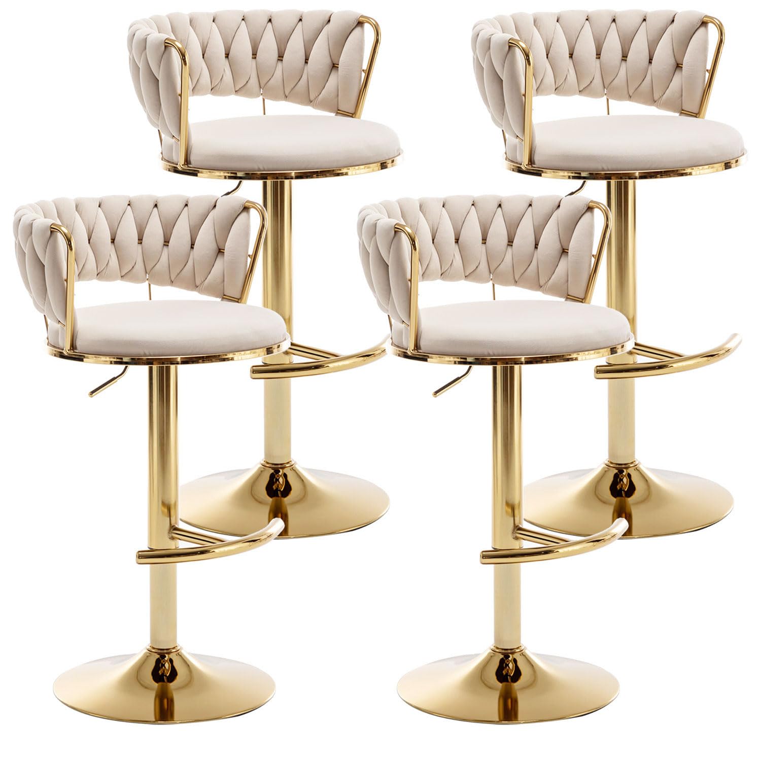 Riknuxi Gold Velvet Bar Stools Set of 4, Counter Height Bar Stools with Low Back, Swivel Bar Stool for Kitchen Island, Bar Pub (
