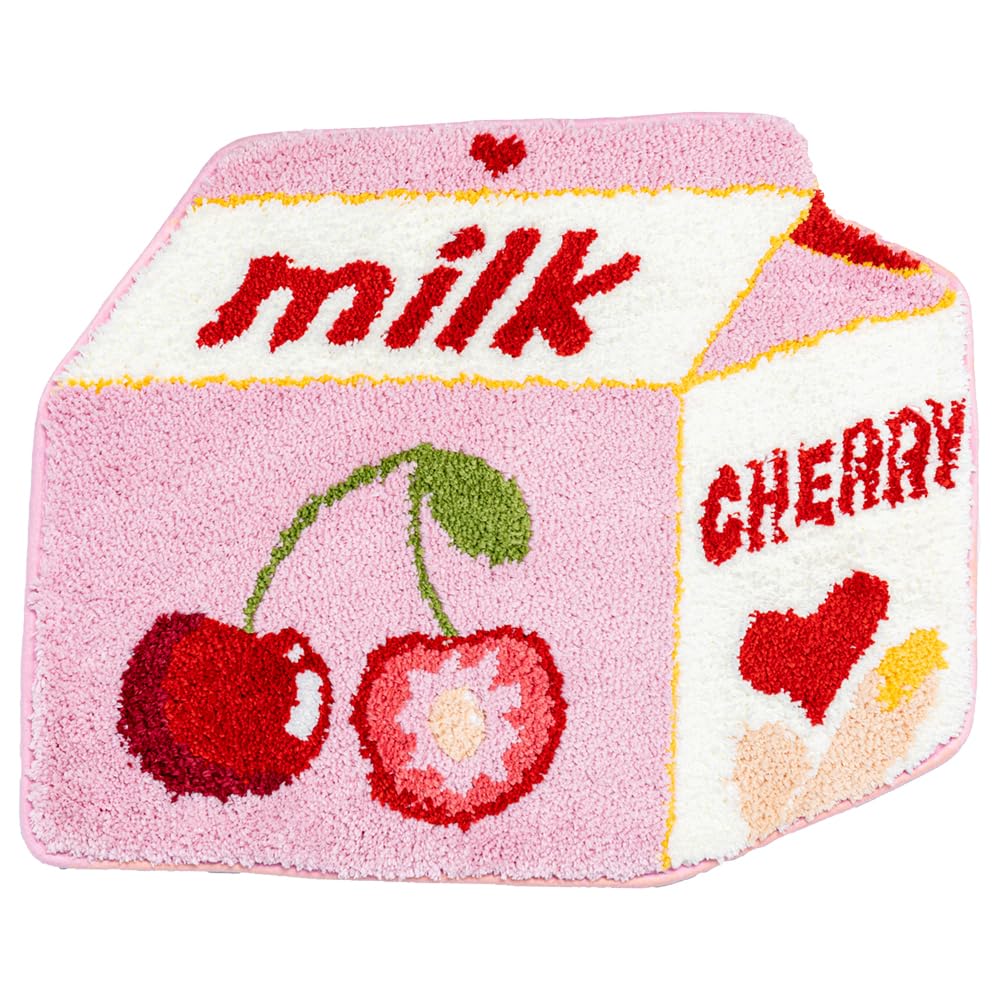 Fruit Cherry Bath Mat for Bathroom Cute Pink Bathroom Mats Non Slip Fruit Bath Mat Milk Cartoon Plush Shower Rug Absorbent Decor
