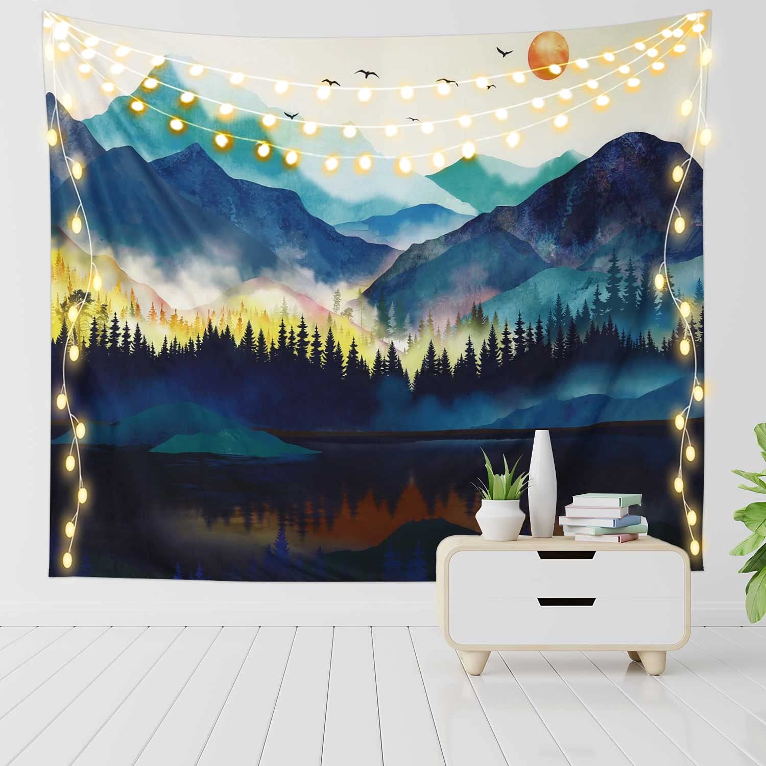 Rosielily Mountain Tapestry, 51'X59' Watercolor Tapestry Nature Tapestry Misty Forest Tapestry Sun Sunset Tree Landscape Tapes