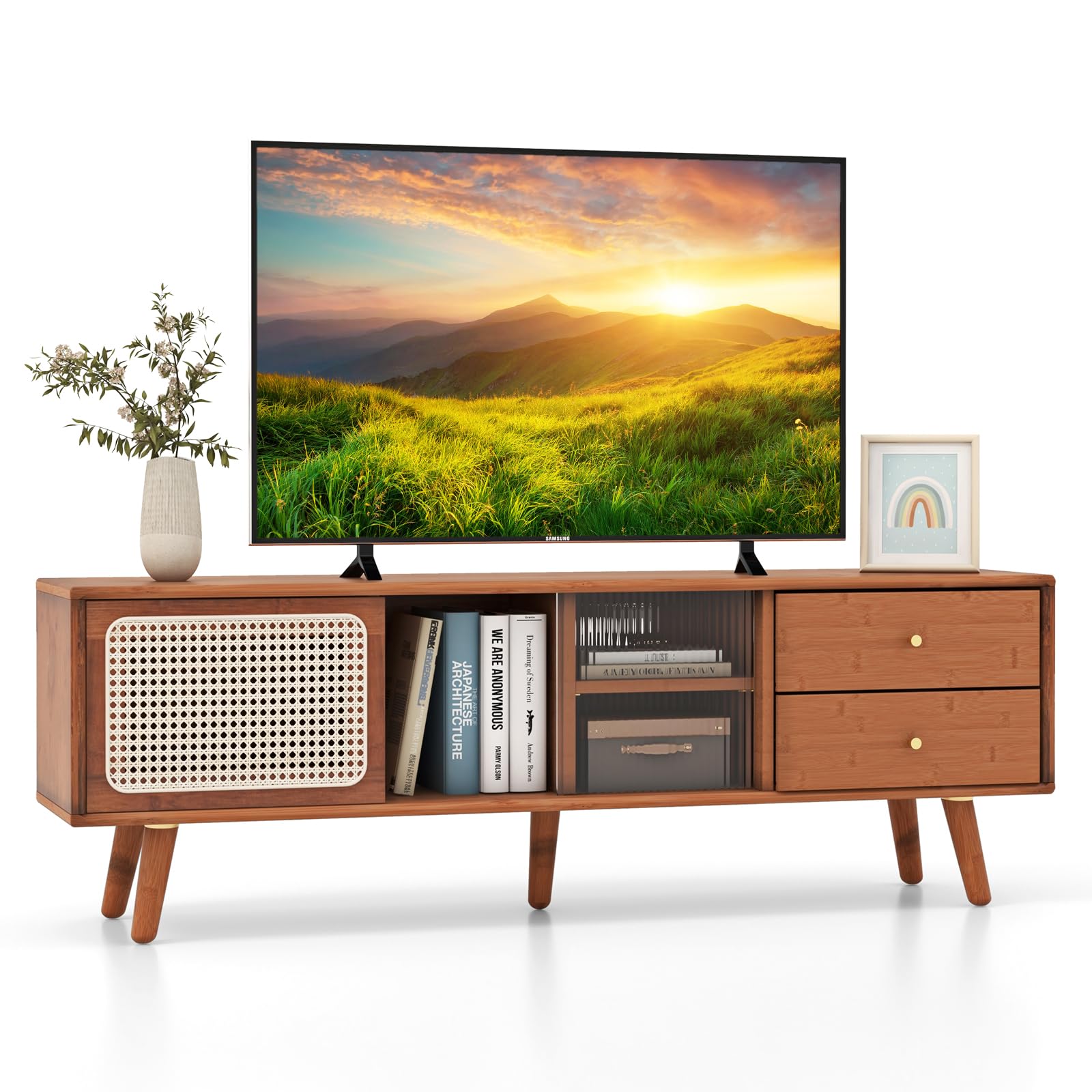 Tangkula Mid Century Modern Tv Stand For Tvs Up To 65', Bamboo Entertainment Center W/Glass & Pe Rattan Sliding Doors, 2 Drawers, Adjustable Shelf, Wood Legs, Media Console (Bamboo 2-Walnut)