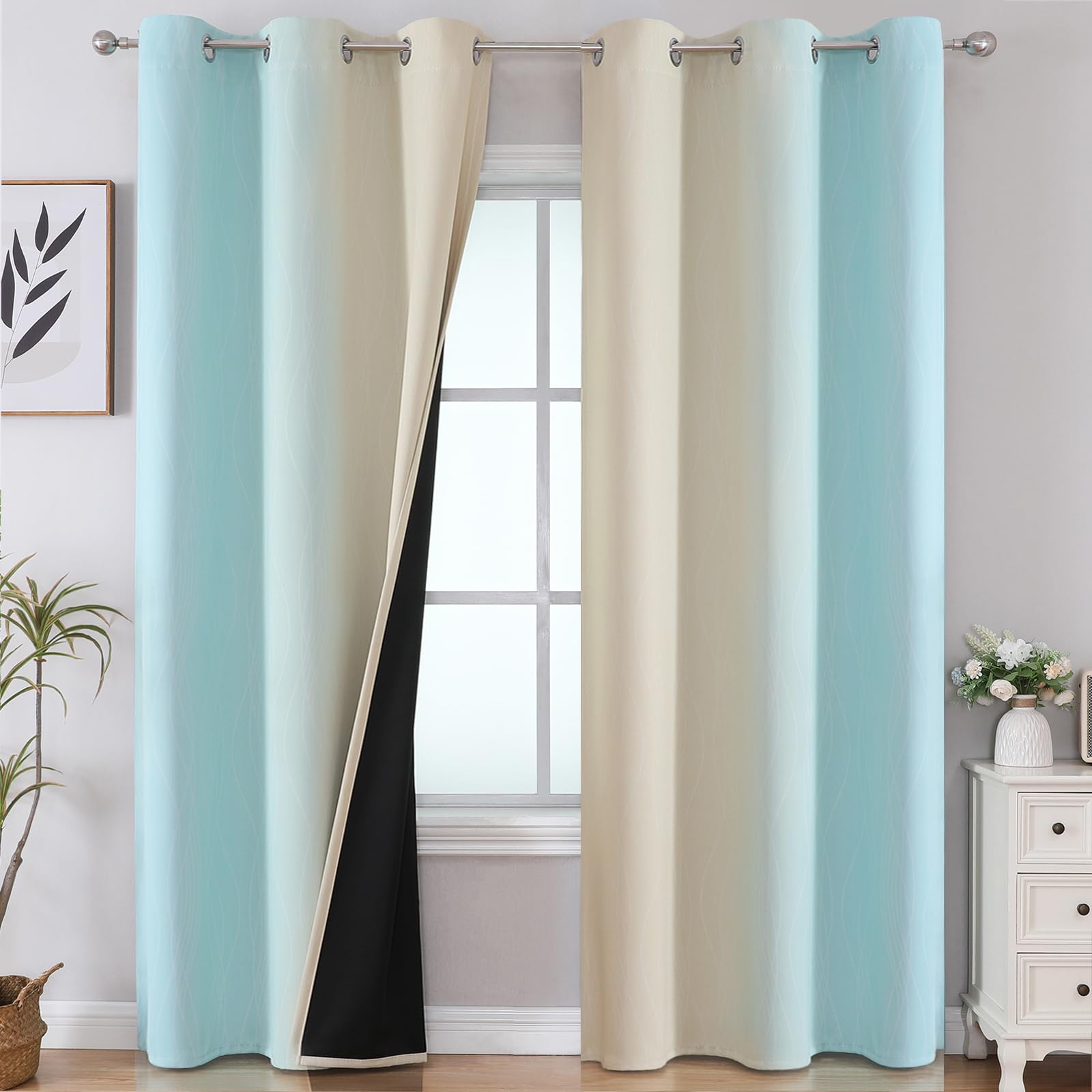 Estelar Textiler Aqua And Beige Room Darkening Blackout Curtains 84 Inch Length 2 Panels Set For Living Room, Thermal Insulated