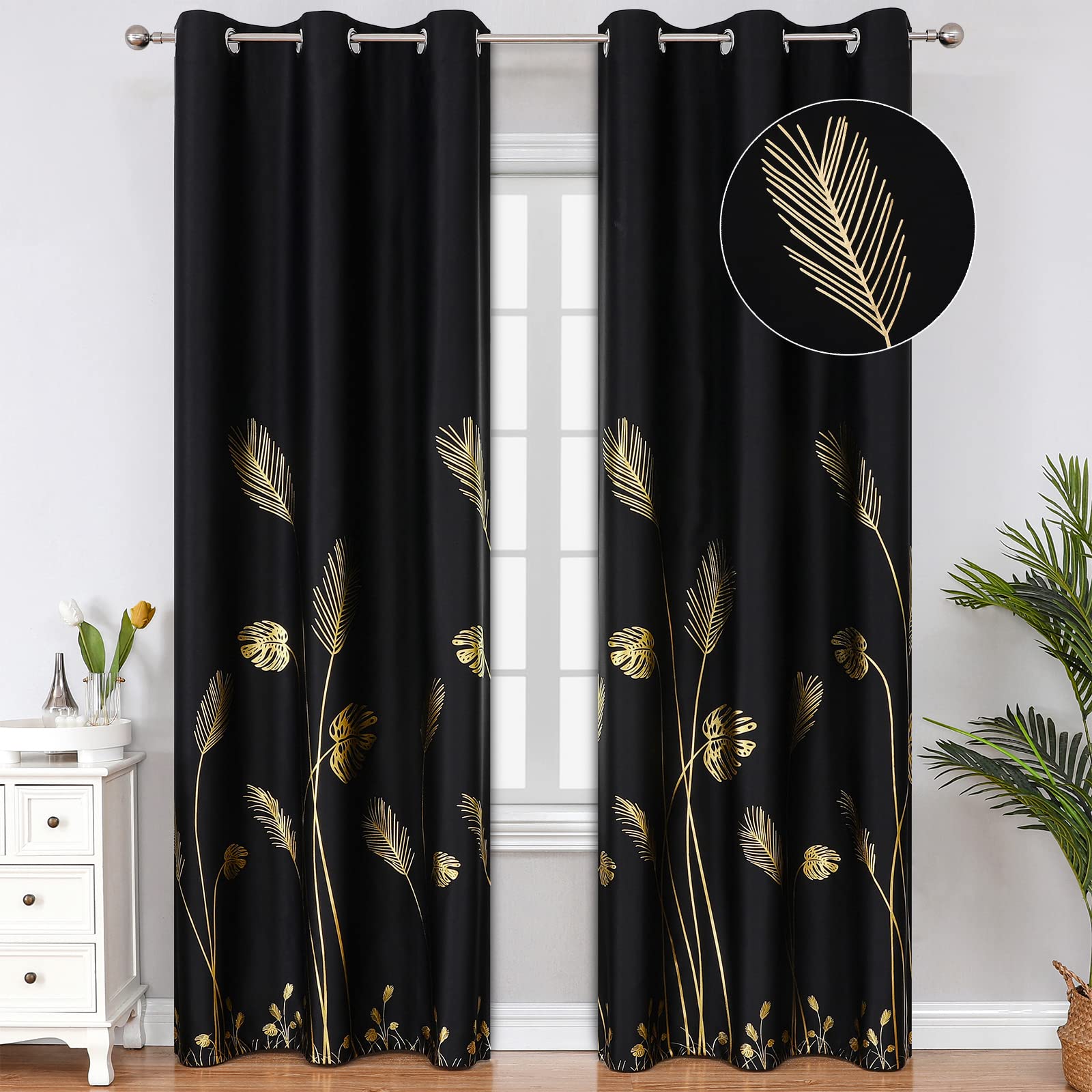 Estelar Textiler Blackout Curtains 84 Inches Long 2 Panels Room Divider Thermal Insulated Leaf Designed Pattern Energy Saving Li