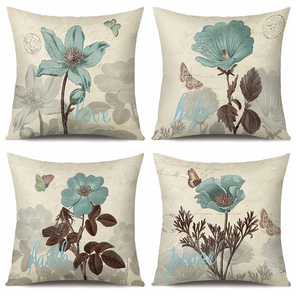 Otostar Set Of 4 Blue Flower Throw Pillow Covers 18X18 Inch Decorative Square Pillowcase Cotton Linen Cushion Cases For Home Dec