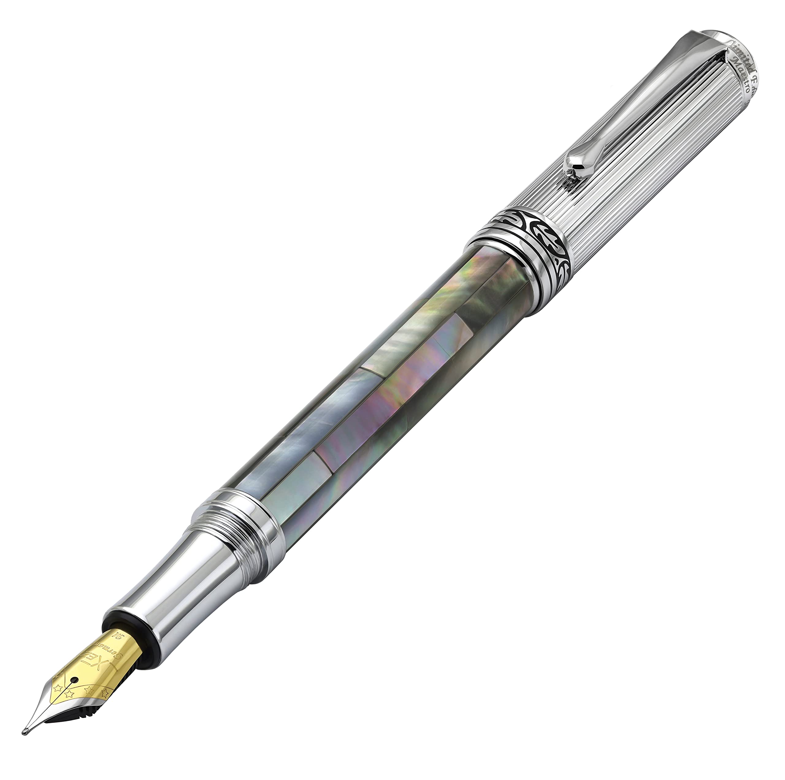 Xezo Maestro Black Mother Of Pearl Fountain Pen, Medium Nib. Chrome Plated. Handmade, No Two Pens Alike