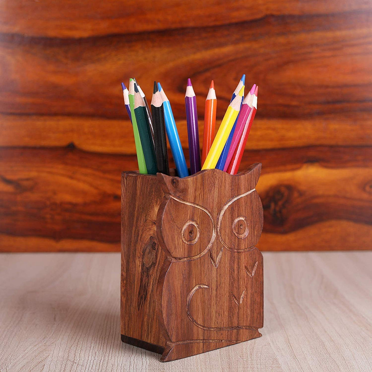 Earthly Home Wooden Decorative Owl Design Wooden Pen Pencil Holder-Handmade Traditional Storage Desk Organizer School Office & H