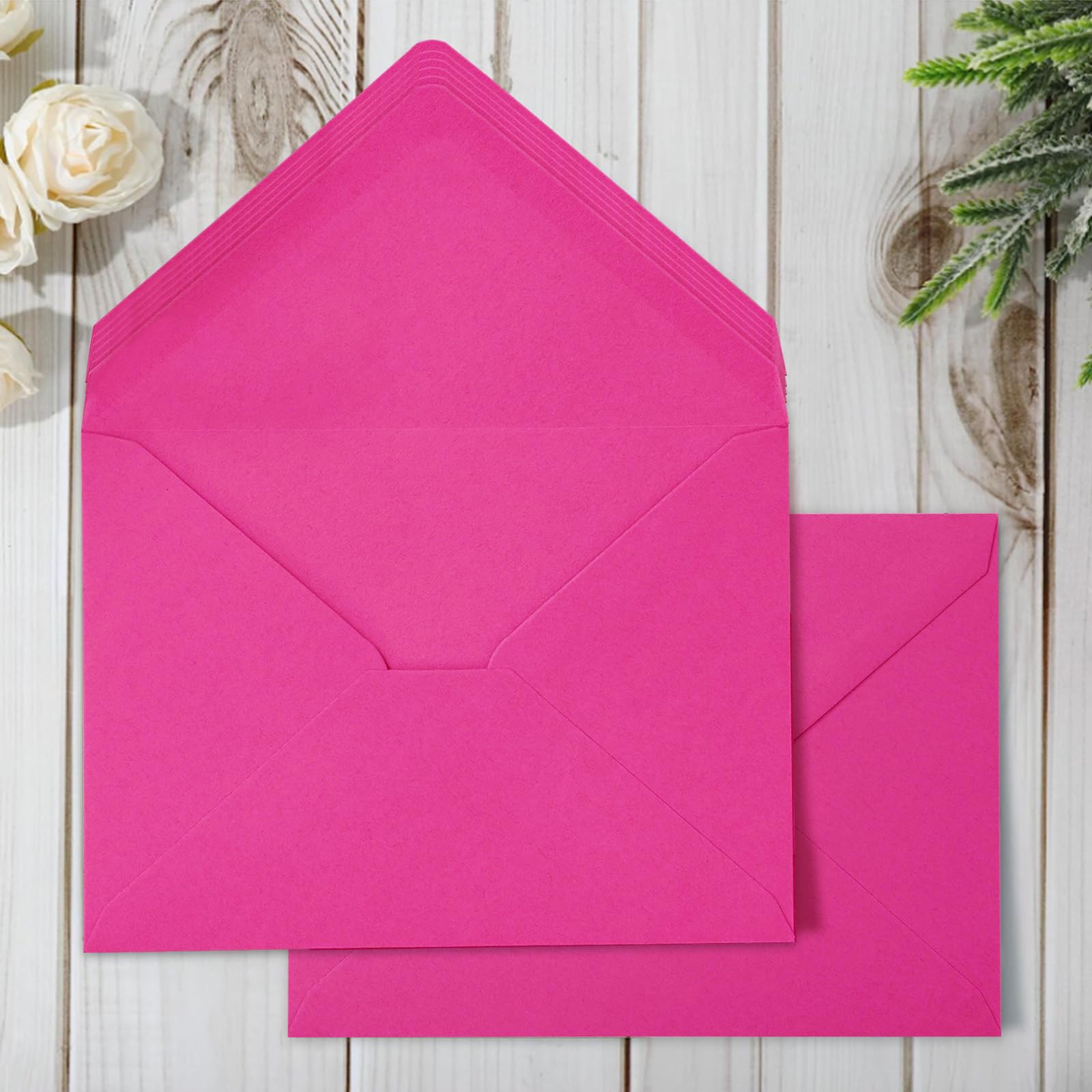 Whaline 50Pcs A7 Invitation Envelopes Set Hot Pink Greeting Card Envelopes V-Flap Envelopes Gift Card Sleeves For Valentine'S Da
