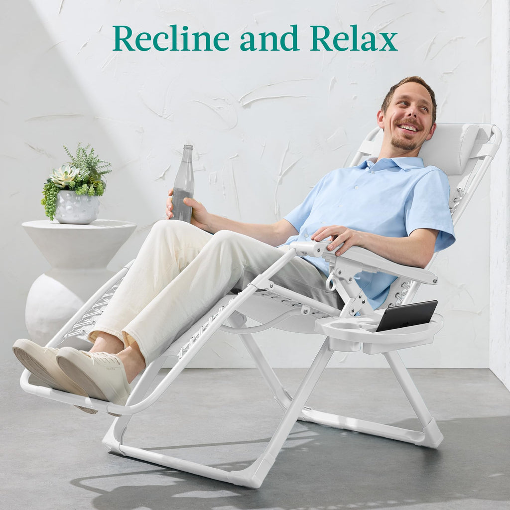 Best Choice Products Adjustable Zero Gravity Chair, Monochromatic Color Folding Patio Recliner W/Side Tray, Headrest - Snow