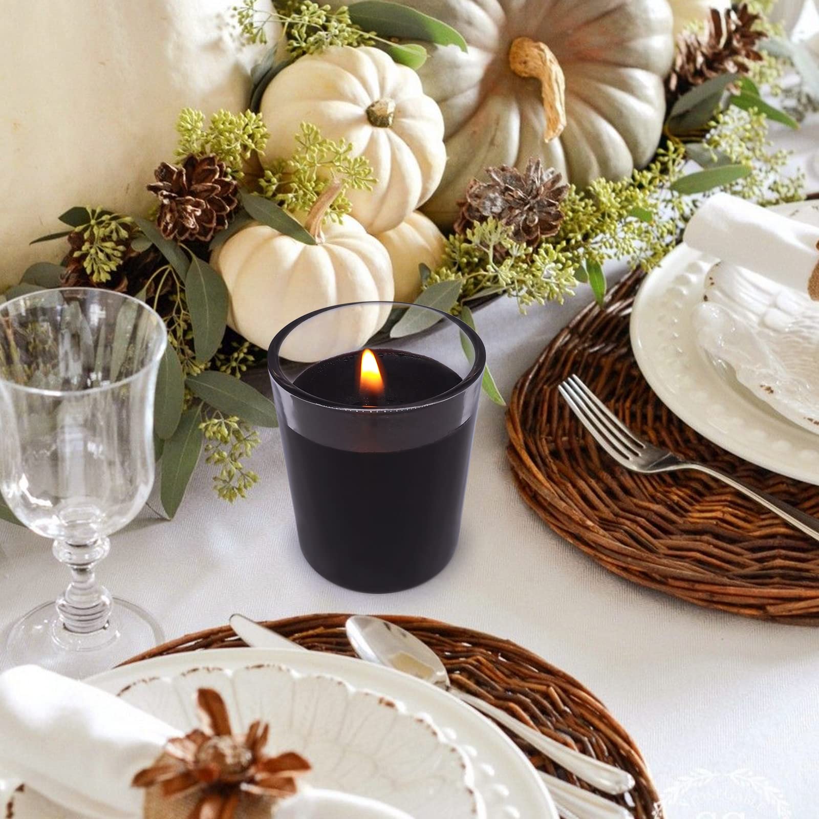 Set Of 12 Black Votive Candles For Halloween Pumpkin, Clear Glass Filled Unscented Soy Wax Candle For Dinner, Parties, Home Deco