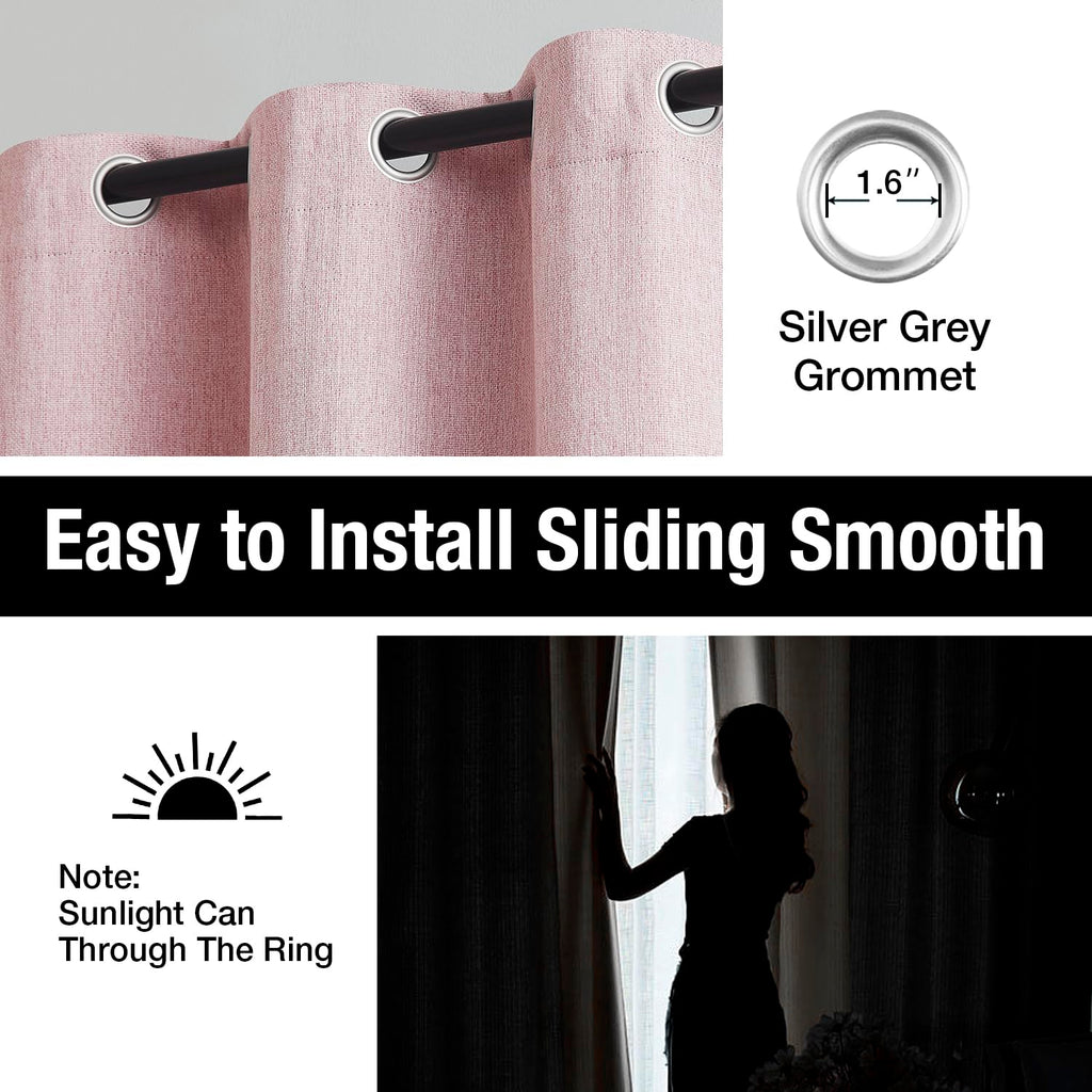 Pink Full Blackout Window Curtains Panels For Nursery Girls Bedroom, 63 Inches Long Thermal Insulated Burlap Linen Drapes Gromme