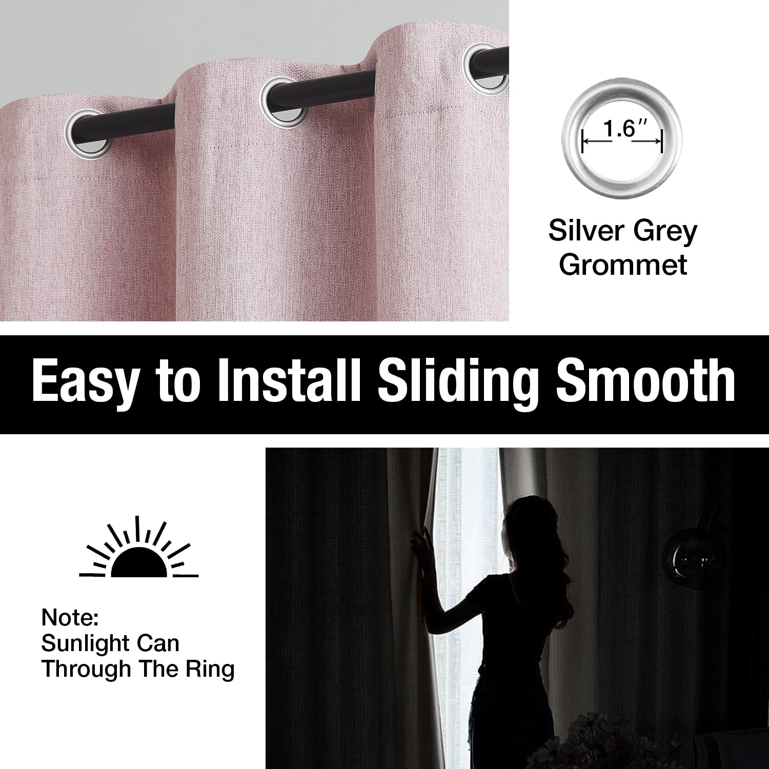 Pink Full Blackout Window Curtains Panels For Nursery Girls Bedroom, 63 Inches Long Thermal Insulated Burlap Linen Drapes Gromme
