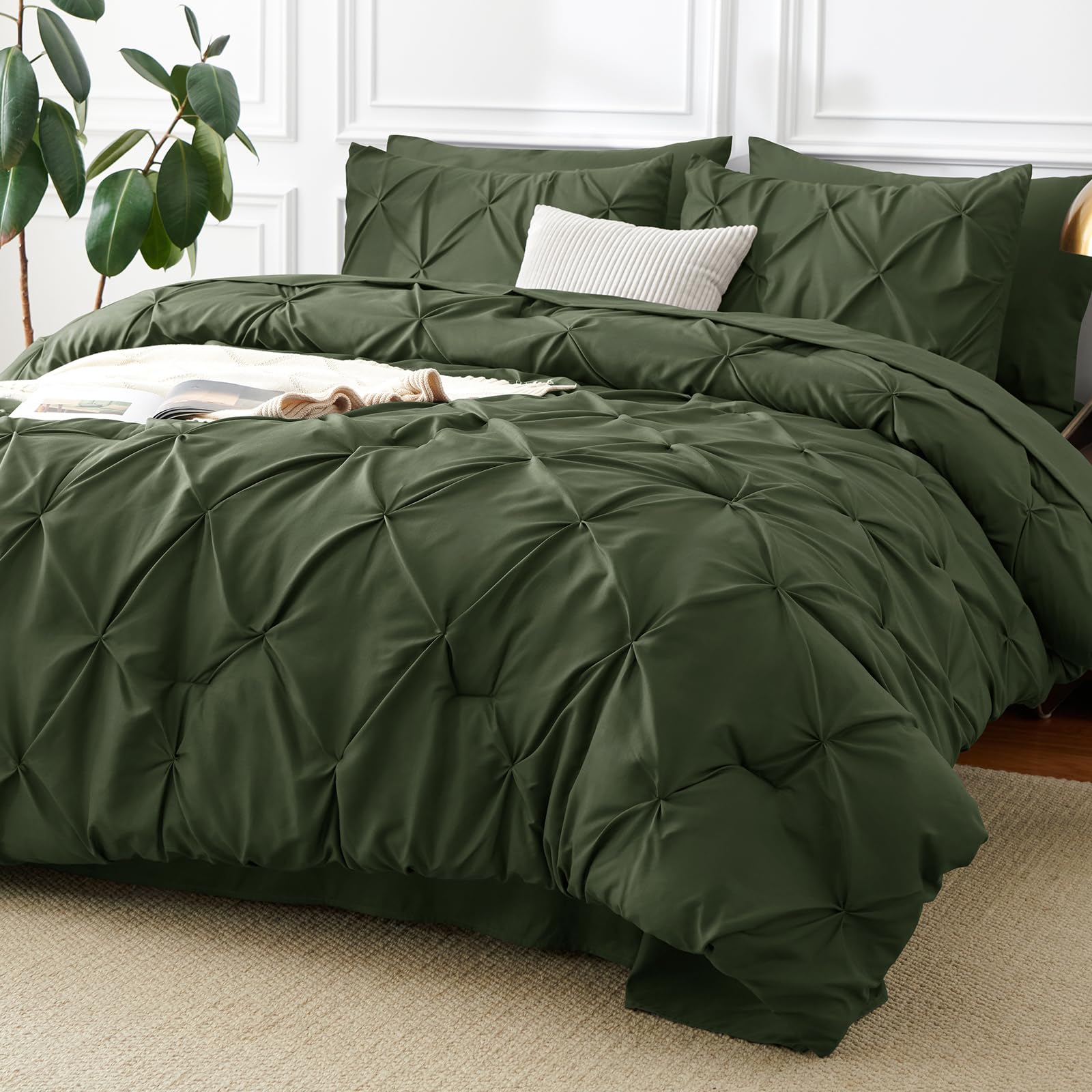 Cozylux Olive Green Comforter Full Size Comforter Sets - 7 Pieces Bed In A Bag, Pintuck Pinch Pleat Bedding Sets With All Season