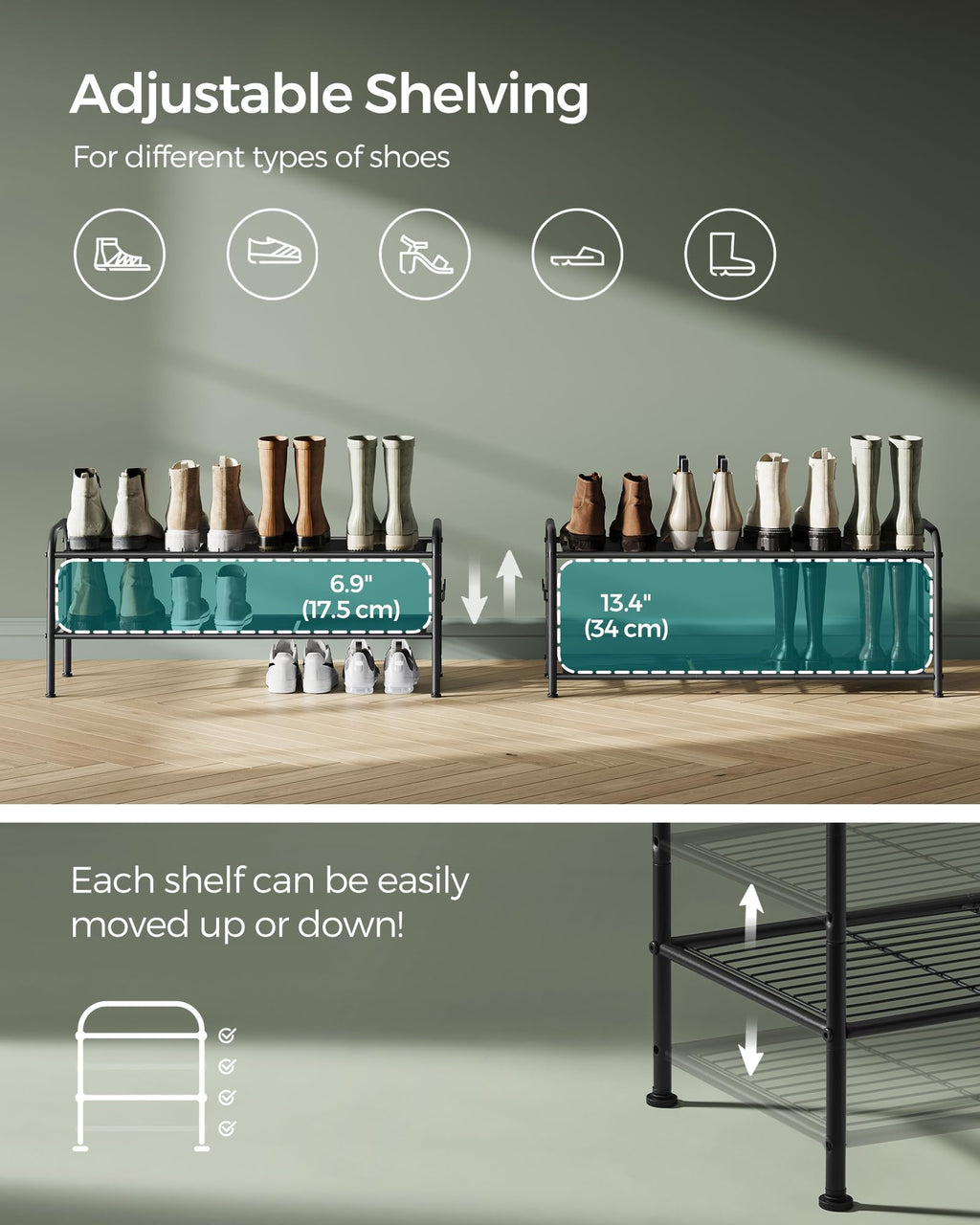 Songmics Shoe Rack, 2-Tier Shoe Organizer, Metal Shoe Shelf Storage With 4 Side Hooks, Holds 10 Pairs Of Shoes, Height-Adjustable Shoe Rack For Entryway, Hallway, Closet, Easy Assembly, Ink Black