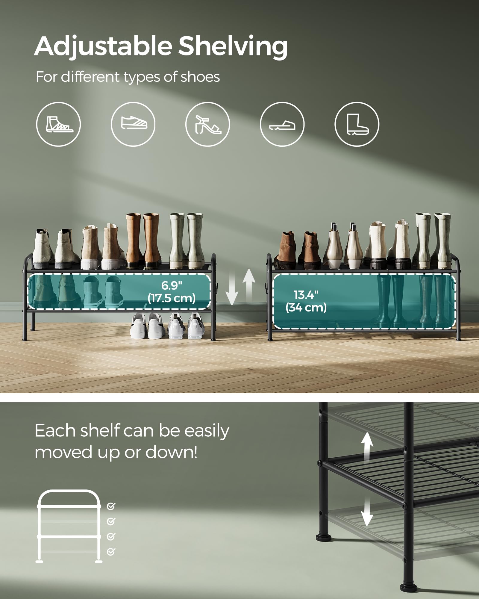 Songmics Shoe Rack, 2-Tier Shoe Organizer, Metal Shoe Shelf Storage With 4 Side Hooks, Holds 10 Pairs Of Shoes, Height-Adjustable Shoe Rack For Entryway, Hallway, Closet, Easy Assembly, Ink Black