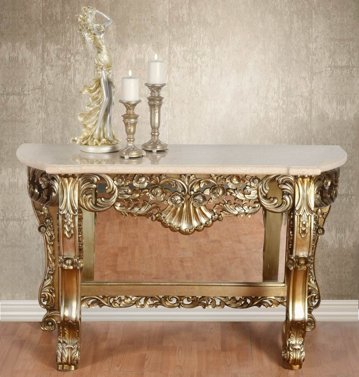 Afd Home Petticoat Top Console Cosole Table, Gold Platina Finish, Cream Marble