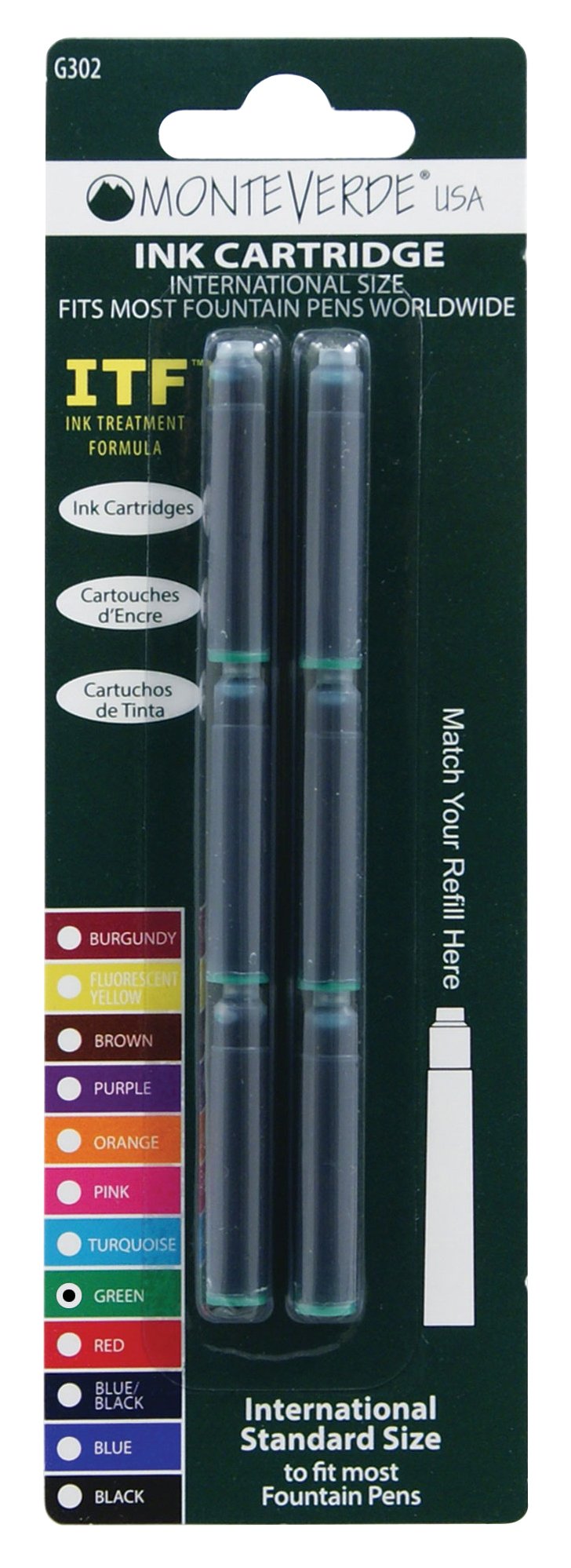 Monteverde International Size Cartridge To Fit Fountain Pens, Green, 6 Per Pack (G302Gn)