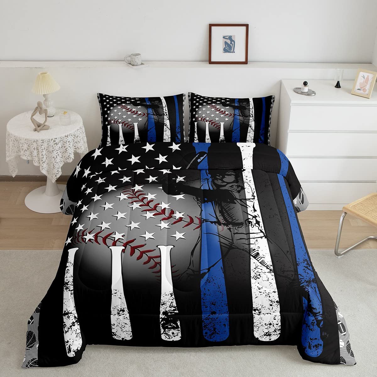 Erosebridal Baseball Comforter Set King,Grunge Style Baseball Bat Softball Bedding Set For Kids Boys Teens,American Flag Stars Striped Duvet Insert,Ball Sports Game Down Comforter With 2 Pillow Shams