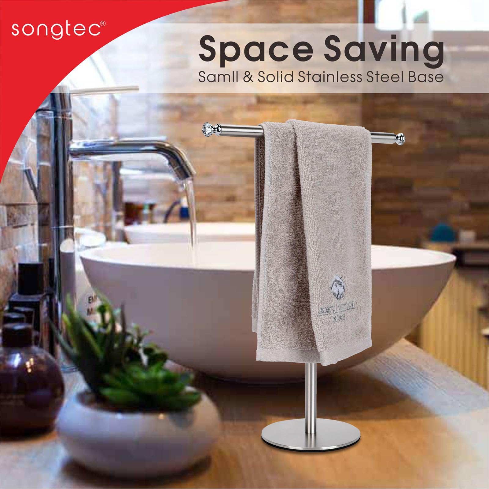 Songtec Hand Towel Holder Stand With Crystal Knobs, Fingertip Towel Rack, Rust-Proof Accessories Jewelry Stand - Brushed Nickel