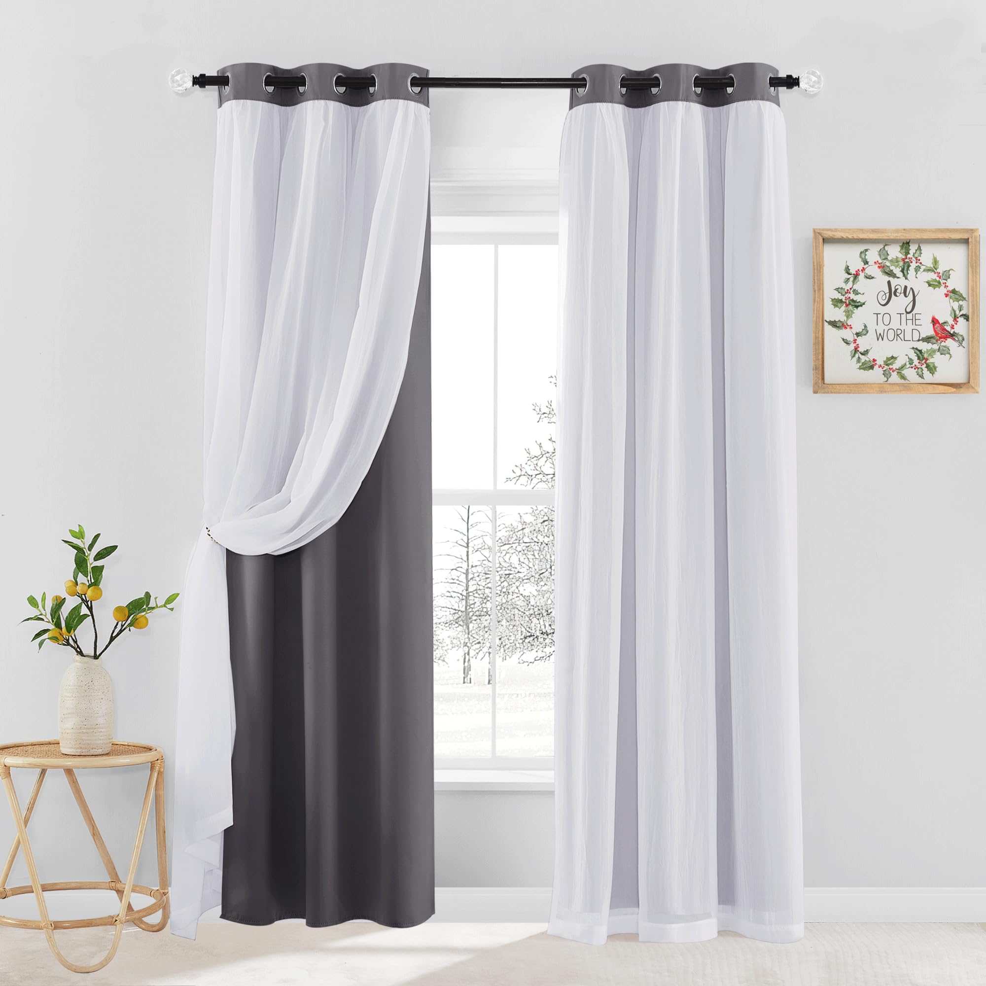 Pony Dance Grey Blackout Curtains With Sheer Overlay, Grommet Thermal Insulated Privacy Mix & Match Double Layer Curtains For Be