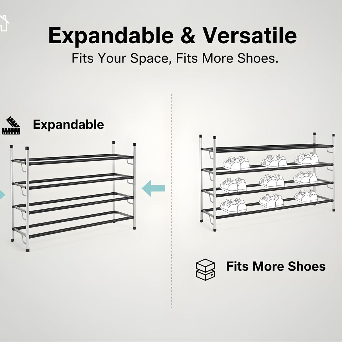4-Tier Adjustable Shoe Rack, Slide-n-Adjust, Silver & Black Finish